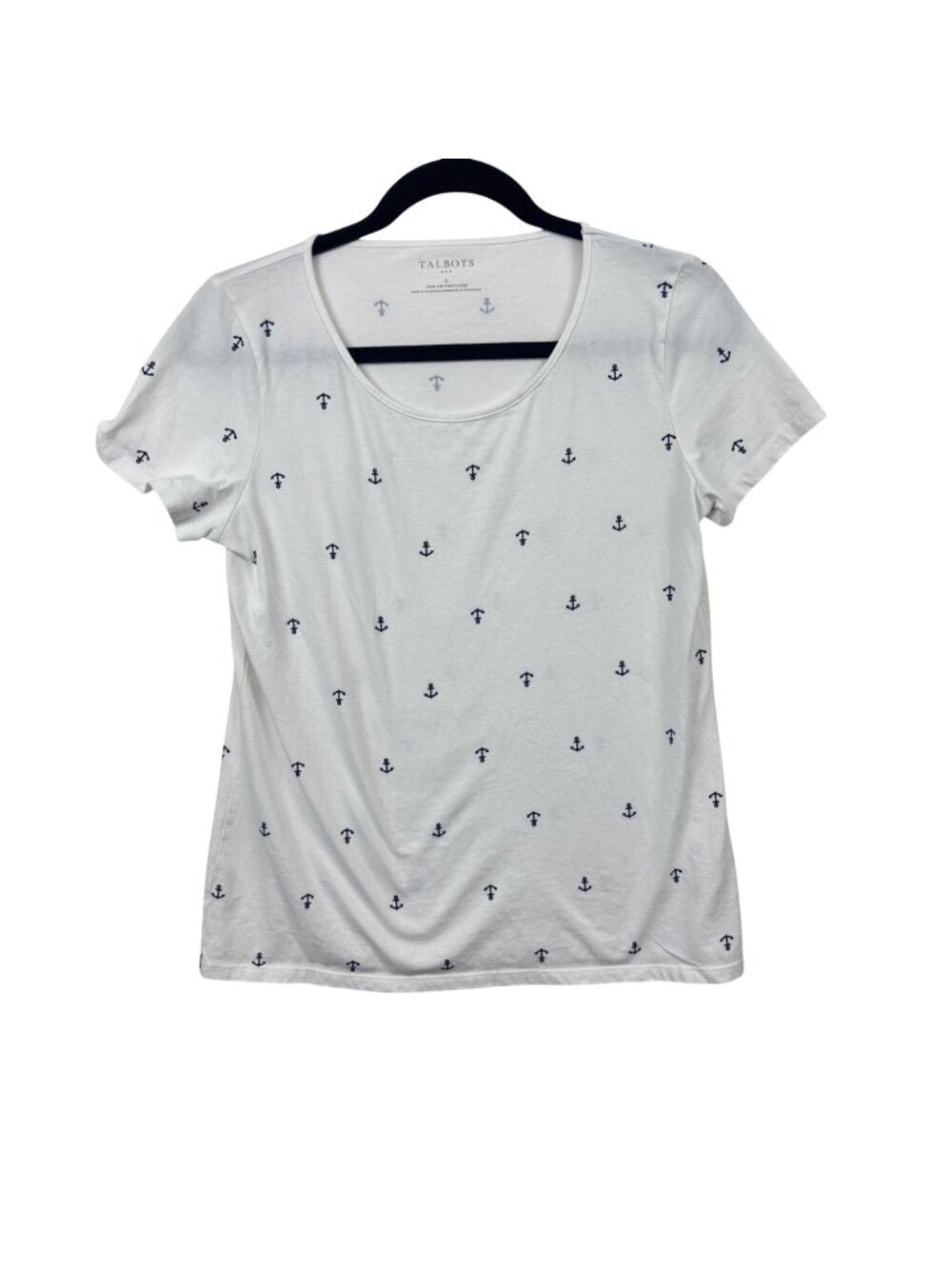 ✨3/$30 Talbots S White Anchor Print Scoop Neck T-Shirt Nautical 100% Cotton